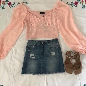 NWT PLT bubblegum pink sheer puff sleeve crop top
